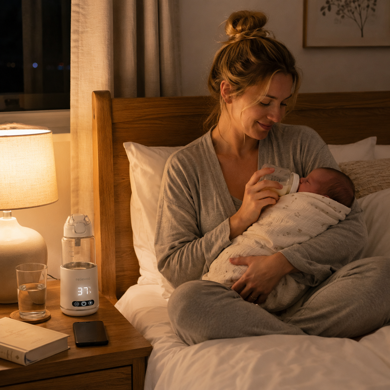 Aussie mum night feeding a swaddled newborn in bed with the Relievoo Portable Bottle Warmer Pro glowing on the bedside table at 37°C — quiet cordless bottle warmer for 3am feeds