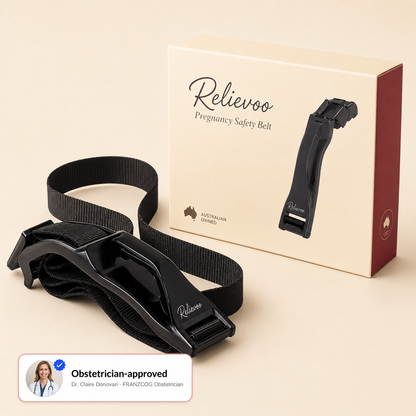 Relievoo Pregnancy Safety Belt in black with retail box — obstetrician-approved car seatbelt adjuster repositioning the lap belt for pregnant women, Australian owned