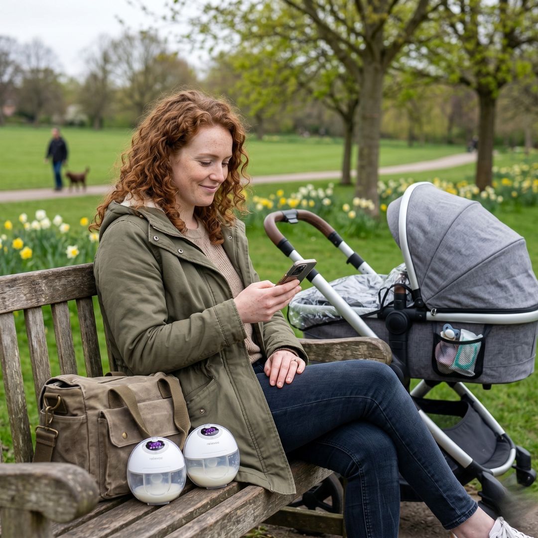 Mum pumping breast milk outdoors in park with pram - Relievoo portable wearable breast pump Australia
