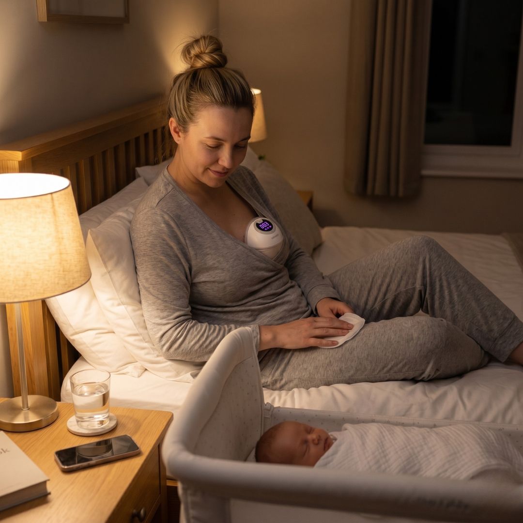 Mum using Relievoo wearable breast pump at night while baby sleeps in bedside crib - quiet hands-free night pumping