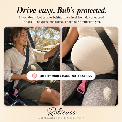 Relievoo Pregnancy Safety Belt — pregnant woman driving safely with the car seatbelt repositioned below her belly, 30-day money-back guarantee, ships from Sydney Australia