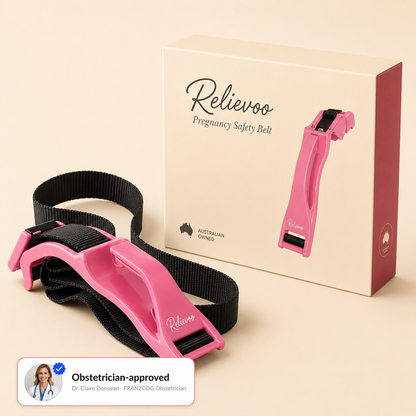 Relievoo Pregnancy Safety Belt in pink with retail box — obstetrician-approved car seatbelt adjuster repositioning the lap belt for pregnant women, Australian owned