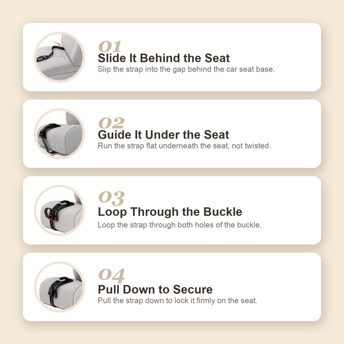How to install the Relievoo Pregnancy Safety Belt in 4 easy steps — slide the strap behind the car seat, guide it under the seat, loop it through the buckle and pull down to secure