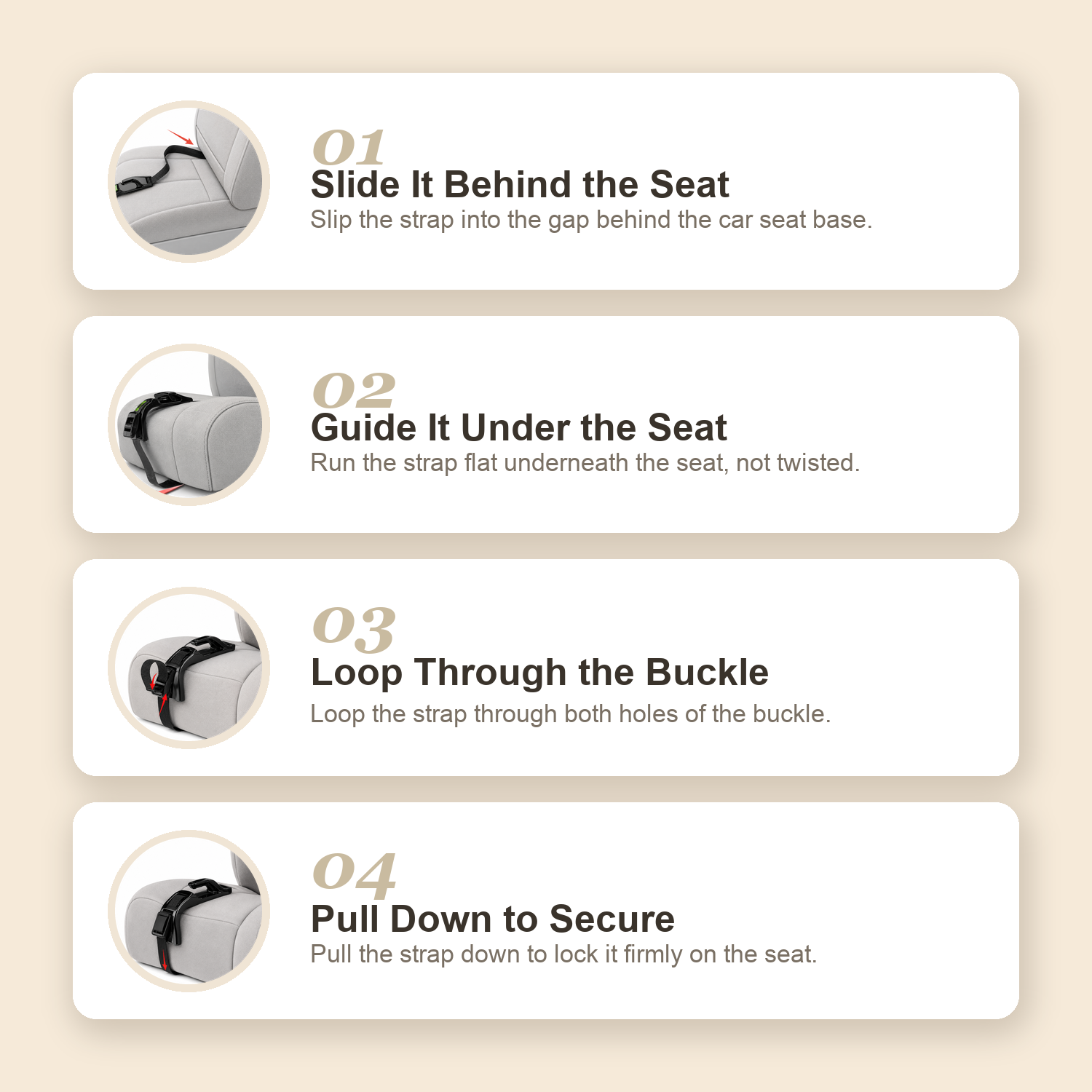 How to install the Relievoo Pregnancy Safety Belt in 4 easy steps — slide the strap behind the car seat, guide it under the seat, loop it through the buckle and pull down to secure