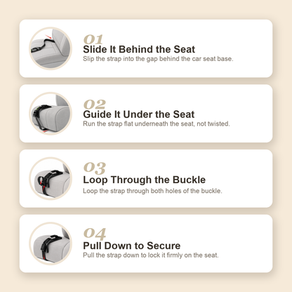 How to install the Relievoo Pregnancy Safety Belt in 4 easy steps — slide the strap behind the car seat, guide it under the seat, loop it through the buckle and pull down to secure