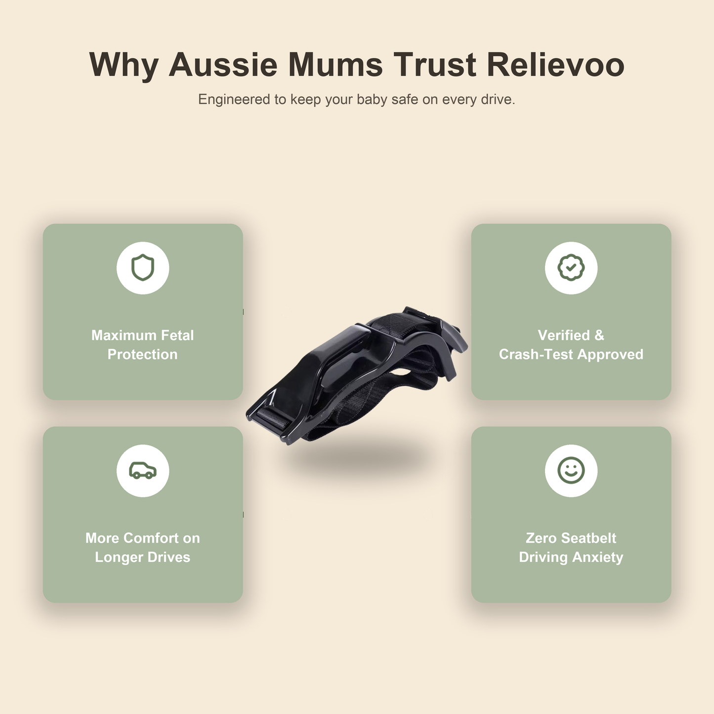 Why Aussie mums trust the Relievoo Pregnancy Safety Belt — maximum fetal protection, verified and crash-test approved, more comfort on longer drives and zero seatbelt driving anxiety