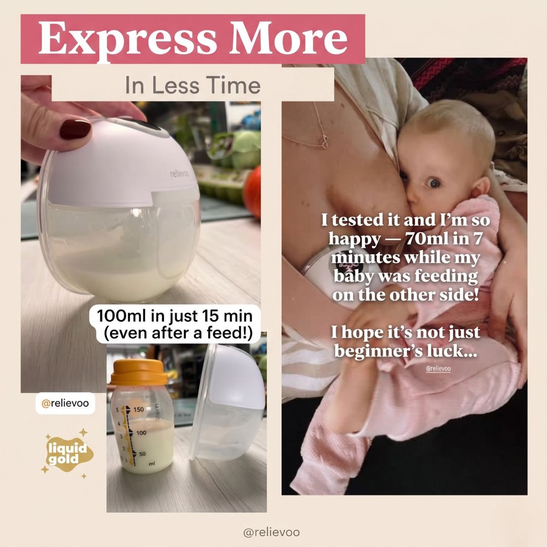 Relievoo breast pump real mum results - 100ml expressed in 15 minutes and 70ml in 7 minutes while breastfeeding - UGC testimonial Australia