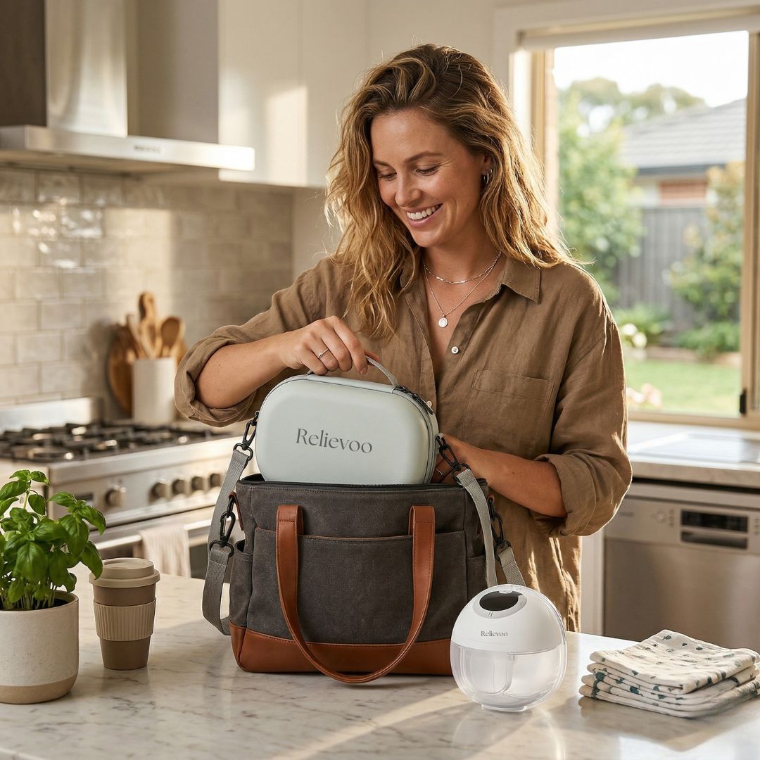 Australian mum placing Relievoo carrying case into diaper bag with wearable breast pump on kitchen counter