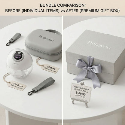 Relievoo bundle comparison - individual breast pump and case vs premium gift box bundle - save when you buy together