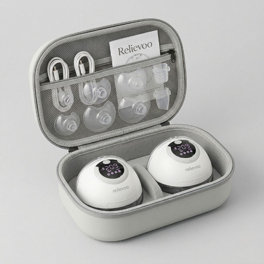 Relievoo S32 PRO2 breast pump complete kit in opened carrying case with accessories flanges cables and instruction manual