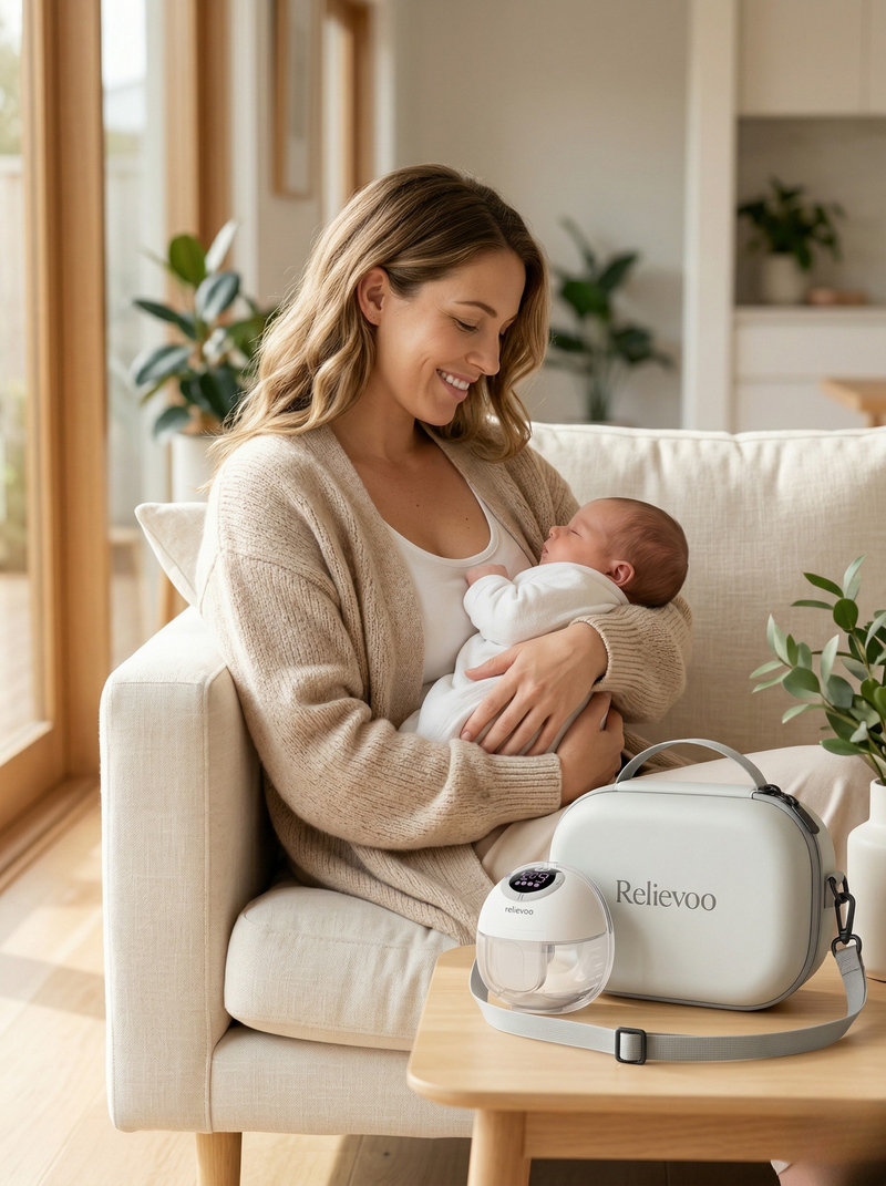 Smiling Australian mum holding newborn baby with Relievoo S32 PRO2 breast pump and carrying case