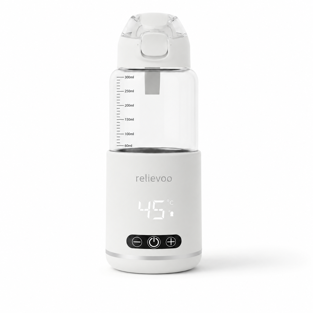 Relievoo Portable Bottle Warmer Pro — cordless USB-C rechargeable baby bottle warmer with 300ml graduated glass chamber, white LED at 45°C and one-touch controls, Australian-designed studio shot