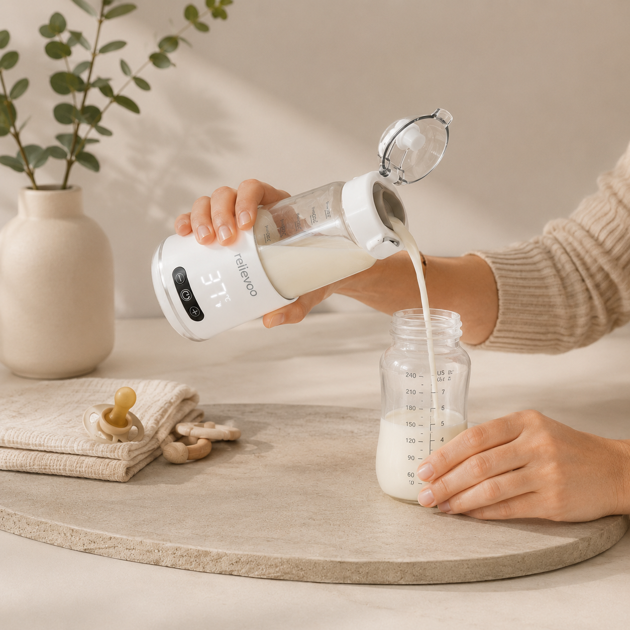 Aussie mum pouring warm breast milk from the Relievoo Portable Bottle Warmer Pro at 37°C feed temperature into a baby feeding bottle on a stone serving board with eucalyptus, dummy and wooden teether — cordless USB-C bottle warmer for Australian families, ready in 2 minutes