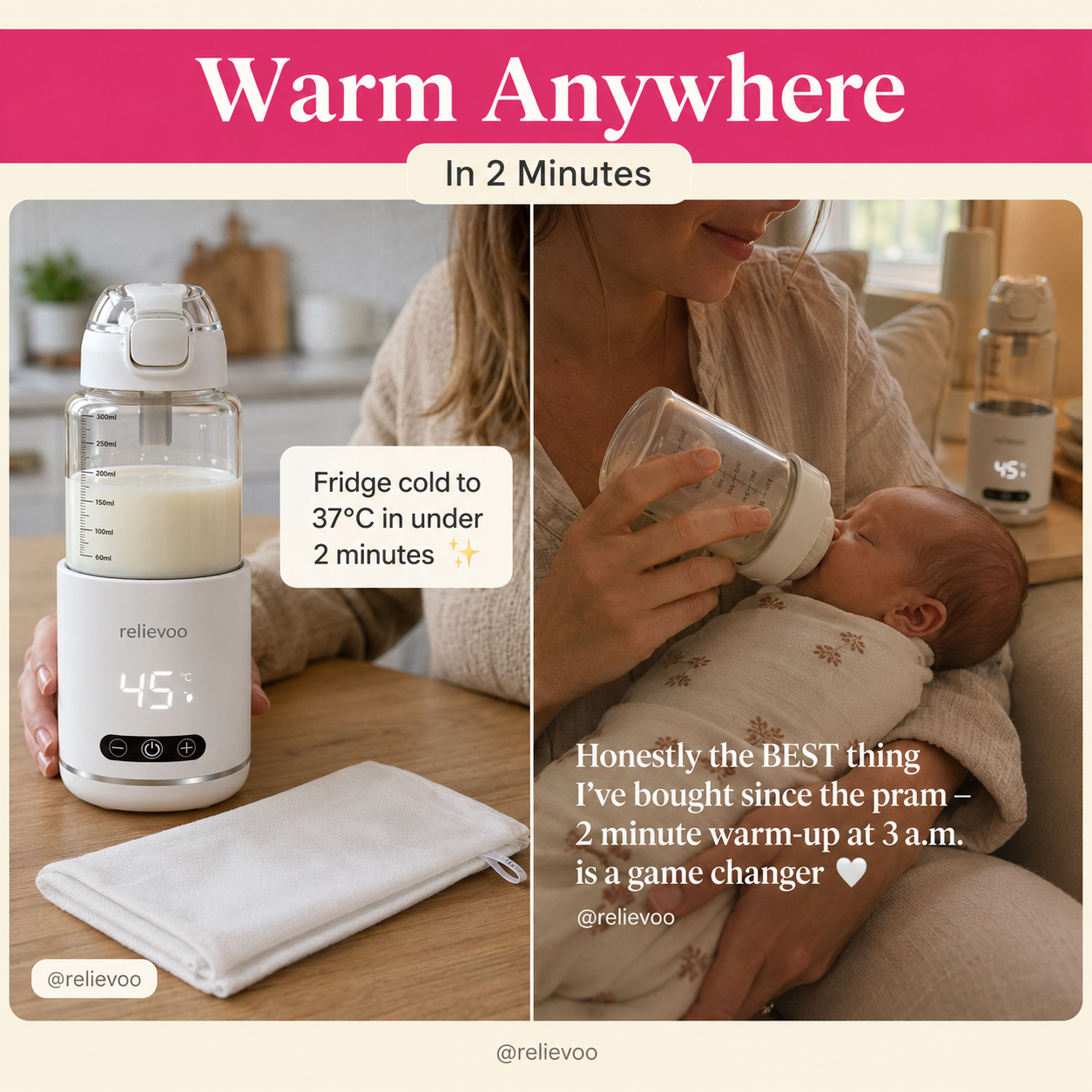 Warm Anywhere In 2 Minutes — Relievoo Portable Bottle Warmer Pro real-mum reviews from Australia: fridge cold to 37°C in under 2 minutes, perfect for 3am night feeds