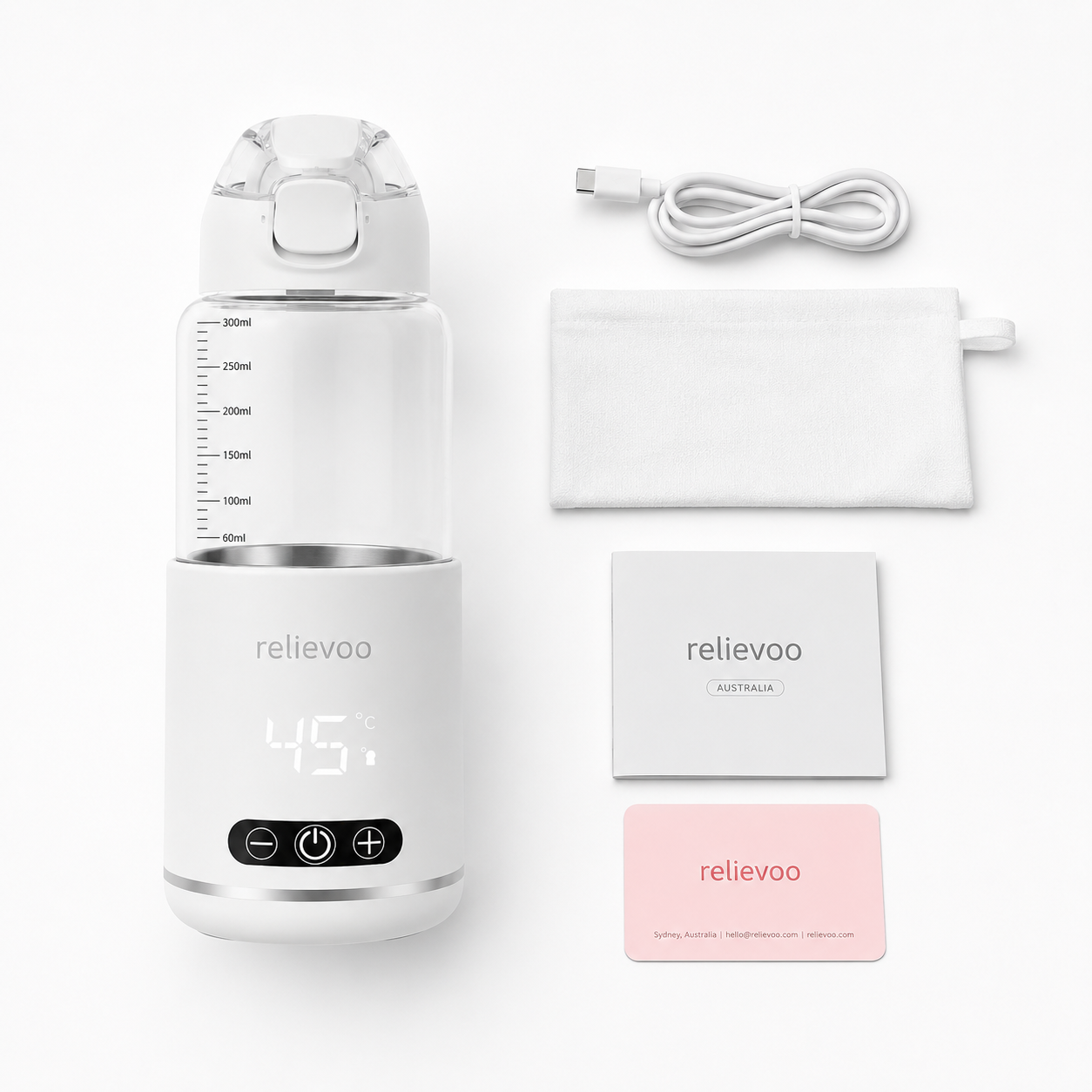 What's in the box — Relievoo Portable Bottle Warmer Pro kit: cordless USB-C baby bottle warmer with 300ml glass chamber, USB-C charging cable, soft travel pouch, Australian quick-start guide and Sydney support card