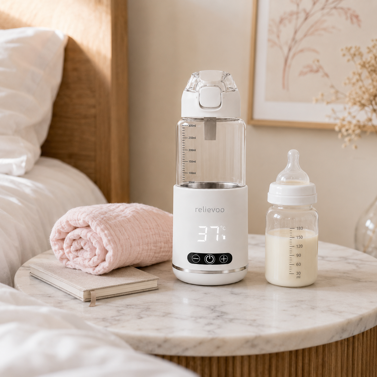 Relievoo cordless bottle warmer on a marble bedside table beside a prepared baby bottle and pink baby blanket — ready for the next feed at 37°C body temperature