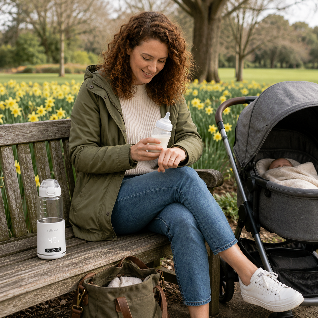 Australian mum checking warmed baby bottle on a park bench with stroller and sleeping baby beside the Relievoo Portable Bottle Warmer Pro at 45°C — cordless on-the-go bottle warming with daffodils in spring