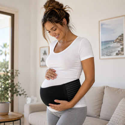 Expecting mum at home wearing the black Relievoo Pregnancy Belly Band for lower back and bump support