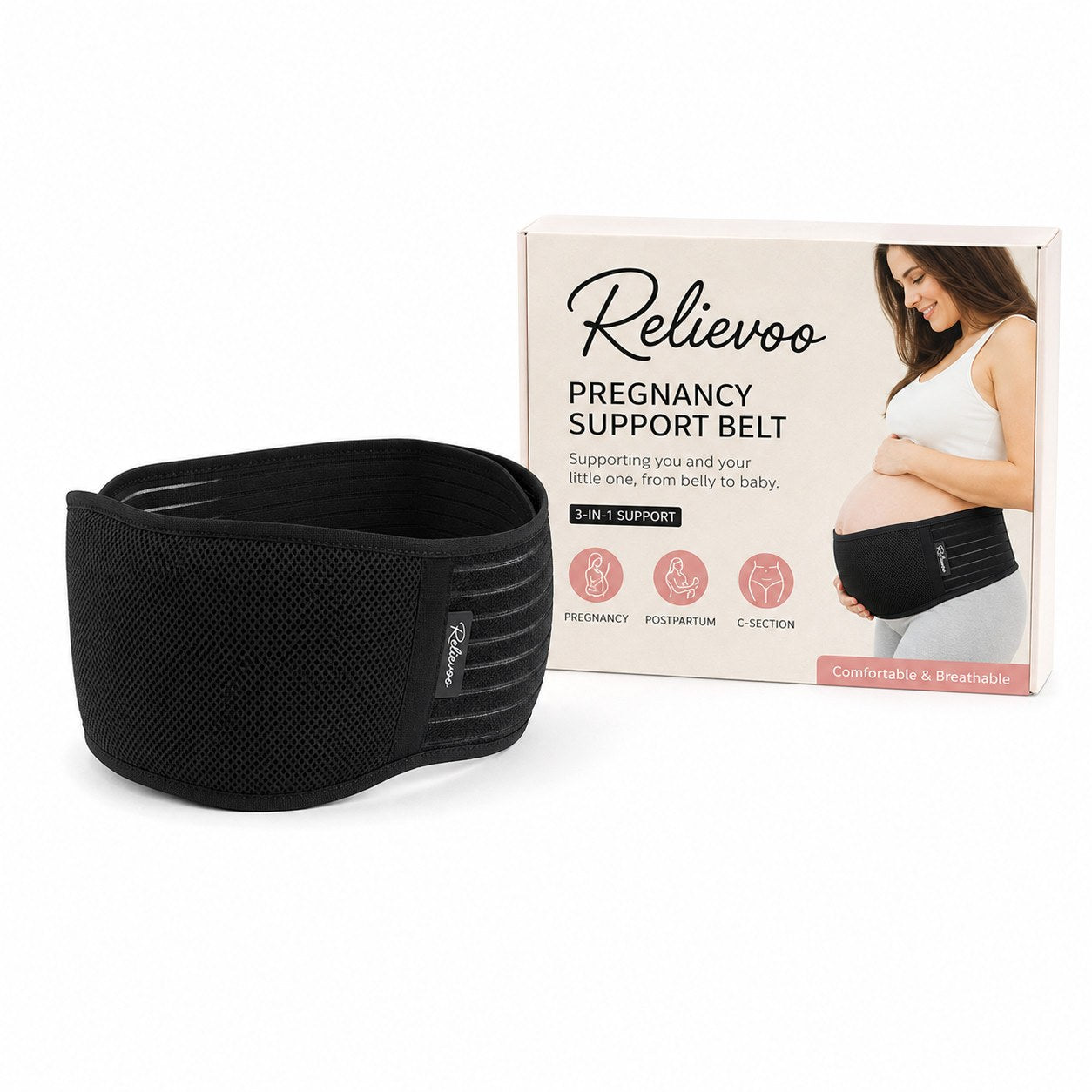 Relievoo Pregnancy Belly Band in black with retail box — breathable maternity support belt, Australian owned