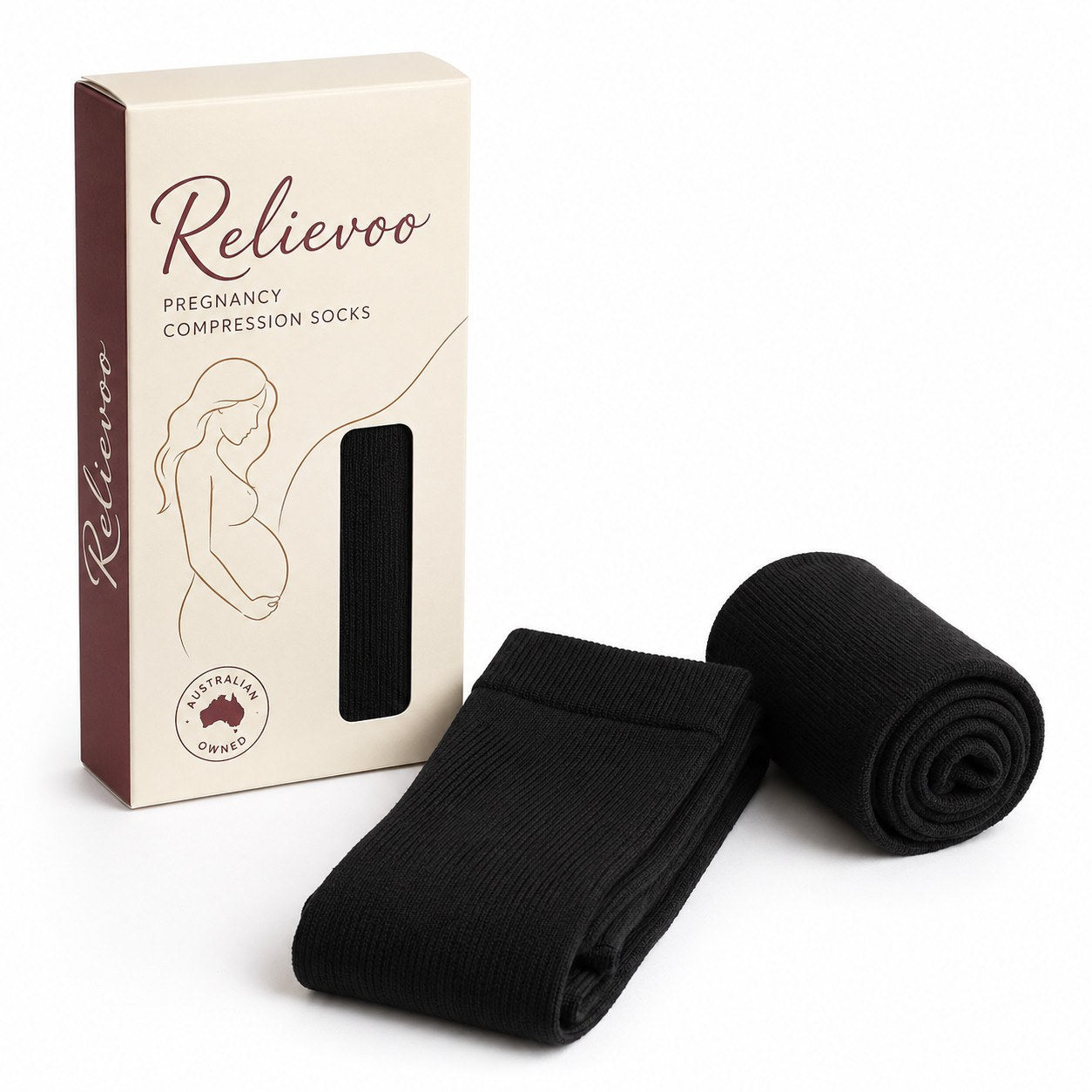 Relievoo Pregnancy Compression Socks in black with retail box — graduated maternity compression, Australian owned