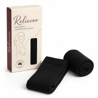Relievoo Pregnancy Compression Socks in black with retail box — graduated maternity compression, Australian owned