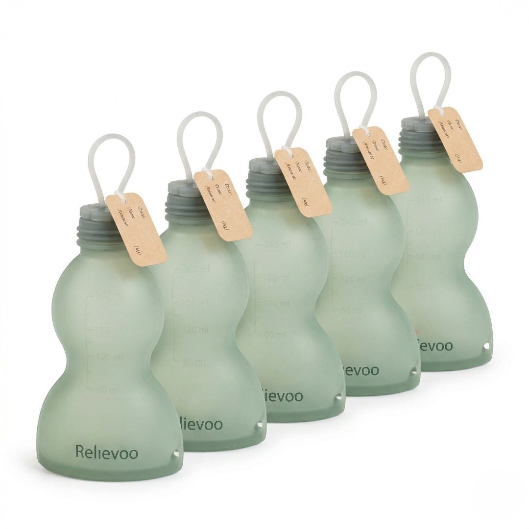 Relievoo reusable silicone breast milk storage bags 5-pack with measurement markings and hanging loops - eco-friendly BPA-free