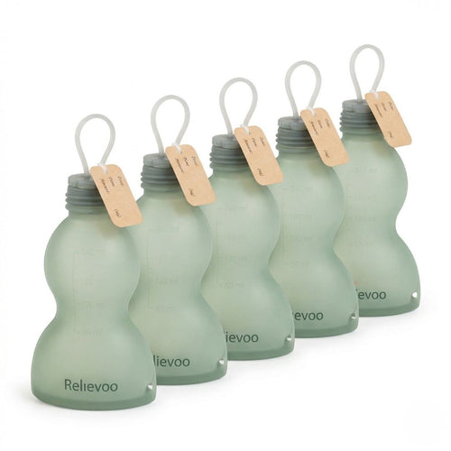 Relievoo reusable silicone breast milk storage bags 5-pack with measurement markings and hanging loops - eco-friendly BPA-free
