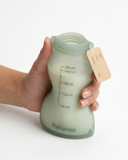 Relievoo silicone breast milk storage bag held in hand showing 260ml capacity and measurement markings