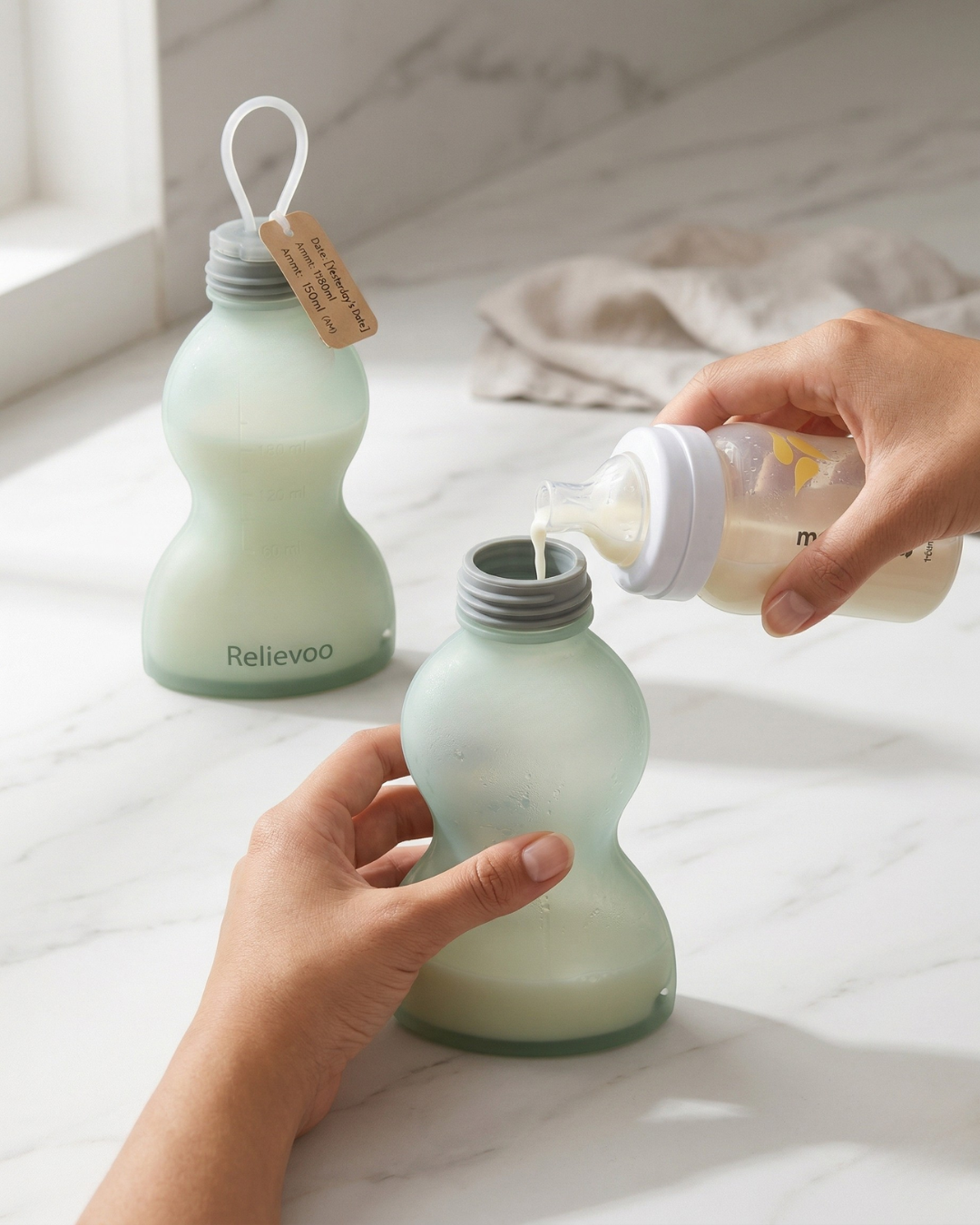 Pouring breast milk from bottle into Relievoo reusable silicone storage bag on marble countertop