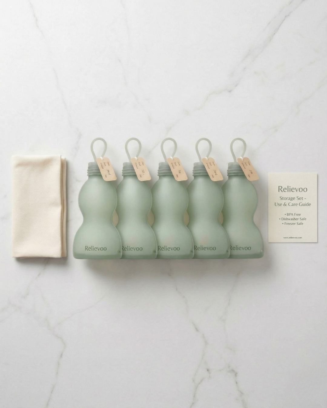 Relievoo Reusable Silicone Storage Bags 5-Pack with kraft labels and cotton pouch