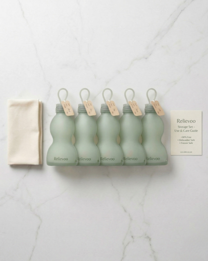 Relievoo Reusable Silicone Storage Bags 5-Pack with kraft labels and cotton pouch