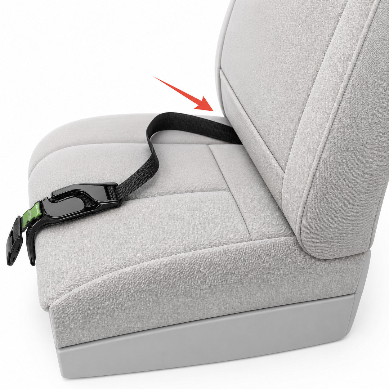 Relievoo Pregnancy Safety Belt strap slid into the gap between the car seat base and backrest — installation step 1