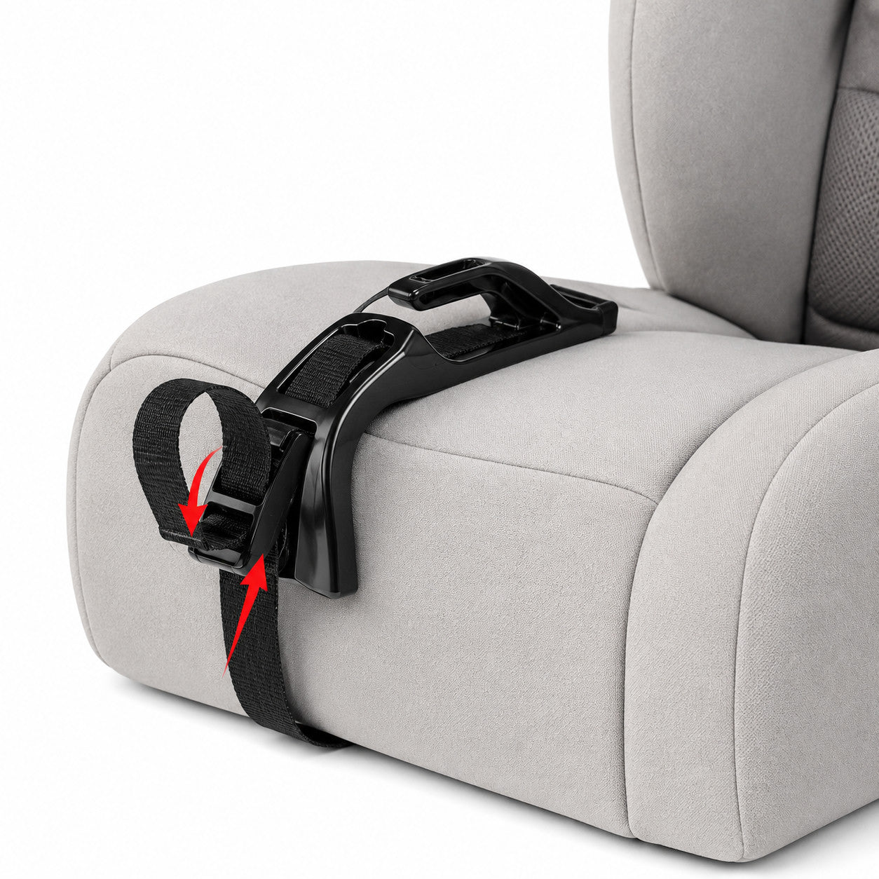 Relievoo Pregnancy Safety Belt strap looped through the upper and lower buckle holes — installation step 3