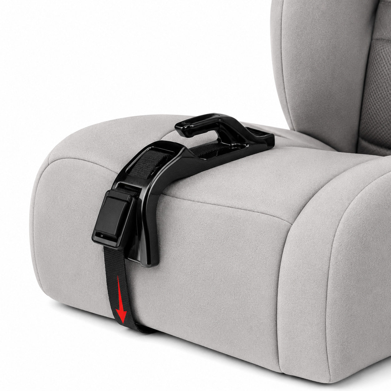 Relievoo Pregnancy Safety Belt strap pulled down to secure the device on the car seat — installation step 4