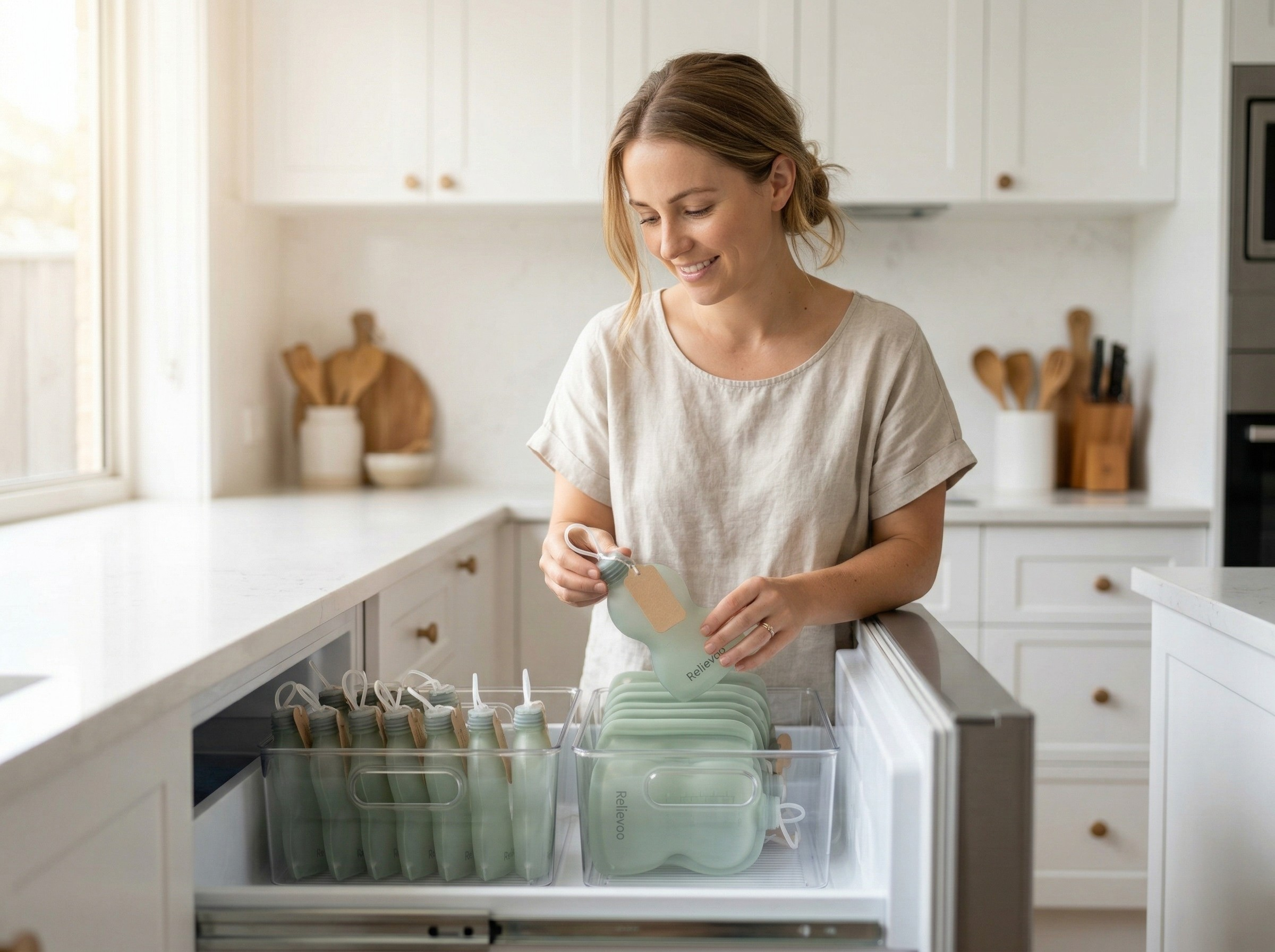 Australian mum organising Relievoo silicone storage bags in freezer
